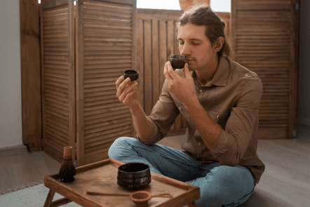 A guest with a cup of herbal tea in the lounge